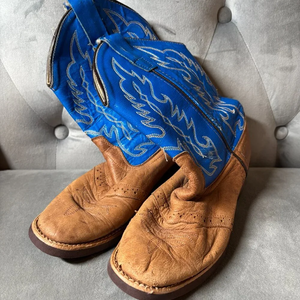 Old‎ West Kids Tan Canyon Blue Top Saddle Vamp Western Boot Size 2